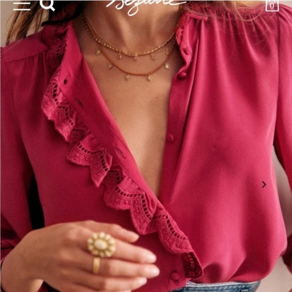 Sézane Pink Lace Trim Blouse